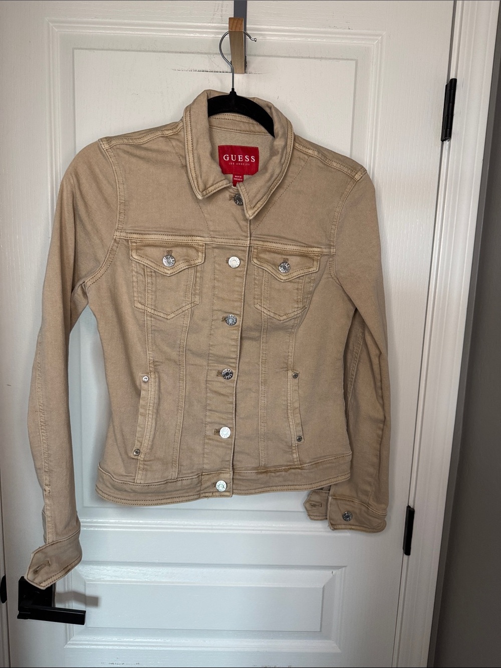 GUESS Tan Denim Trucker Jacket with Silver Buttons